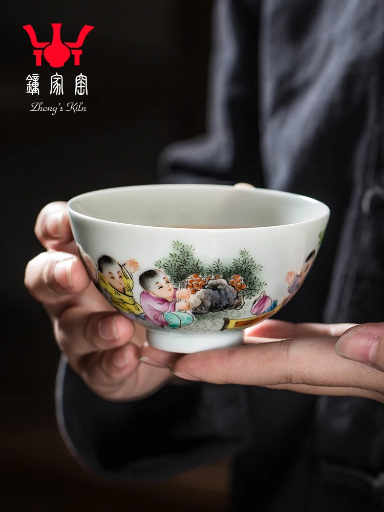 Zhongjia Kiln Hand-painted Ceramic Powder Colored Childlike Fun Individual Single Master Tea Cup Jingdezhen White