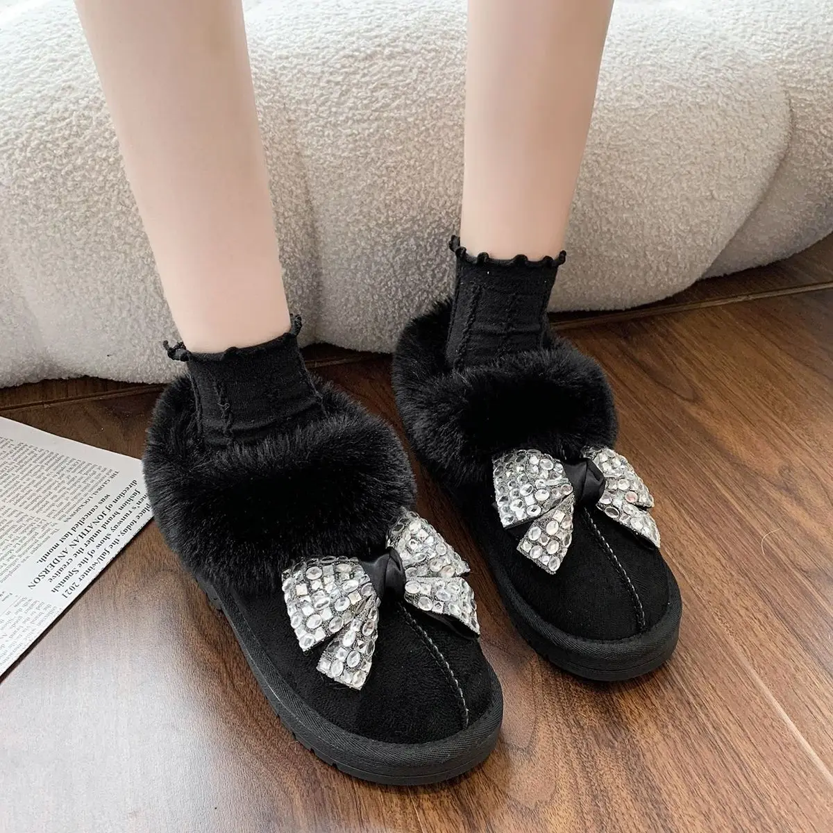 

Flat Black Work Women's Snow Boots Round Toe Butterfly Bow Sale Boot Comfortable and Elegant Ladies Shoes Trend 2025 Plush Warm