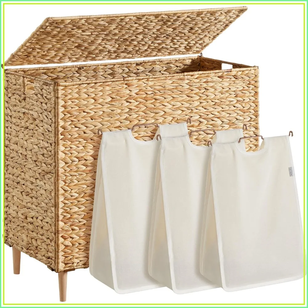

47.5 Gal. 3-Section Handwoven Water Hyacinth Laundry Hamper with Lid, Removable Liners, Handles