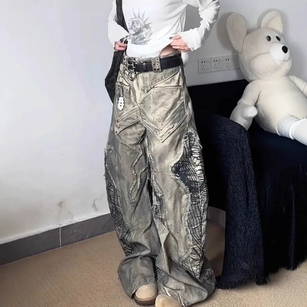 

2026 Spring Women's American Vintage Dirty Wash Wide Leg Jeans Edgy Distressed Patchwork Flare Pants For Y2K Streetwear