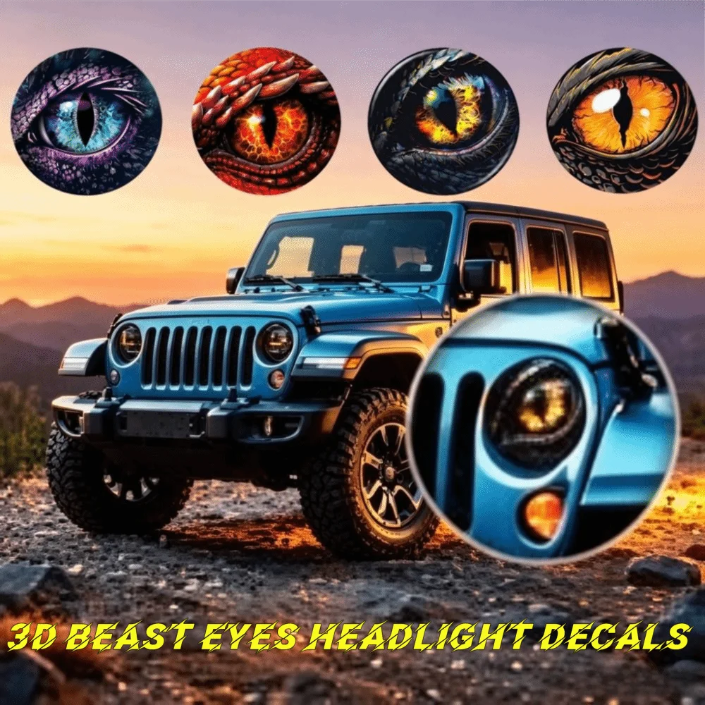2PCS 3D Stereo Design Car Beast Eyes Decals Round Eyes Shape Waterproof Car Headlight Decals Perspective Effect Self-Adhesive