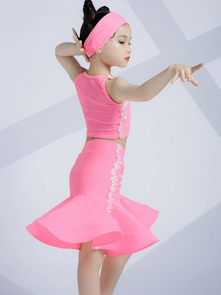 Costume da ballo latino rosa estivo per ragazze top gonna Performance Suit Kids Cha Cha Rumba Dance Dress Practice Clothes DNV17243