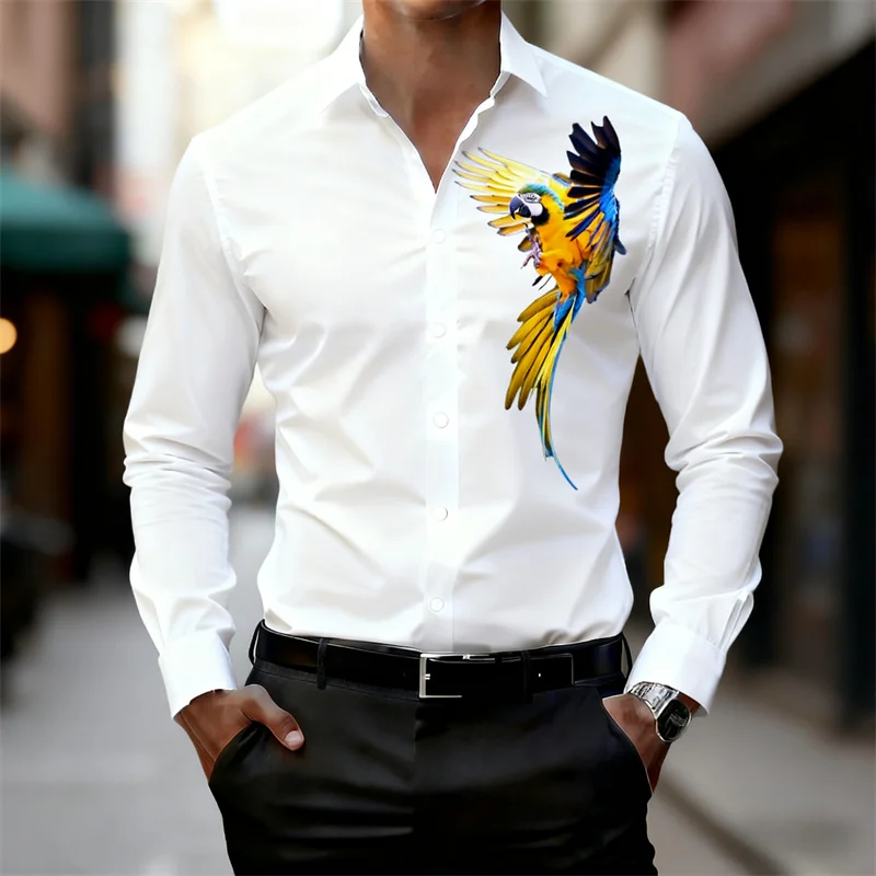 

Мужская деловая повседневная рубашка, приталенный крой с длинными рукавами, официальная рубашка с принтом попугая, модный дизайн, повседневный мужской топ на открытом воздухе.