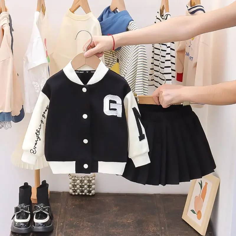 2023 Autumn Baby Girls Clothes Sets Infant Sports Baseball Jackets Uniform Kids Letter Cardigan Top and  Pleated Skirt Suits