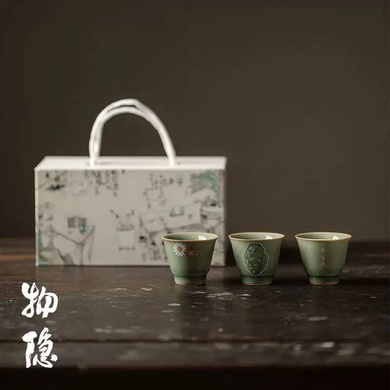 Wuyintang yueyao Longquan Celadon Set Hand Painted Master Cup For Home Use Set Of Three Tea Tasting Cup Souvenir