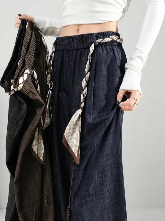 Retro jedwabna apaszka, spodnie dżinsowe z szerokimi nogawkami, damskie luźne spodnie z elastyczną wysoką talią, codzienne spodnie proste do ziemi.