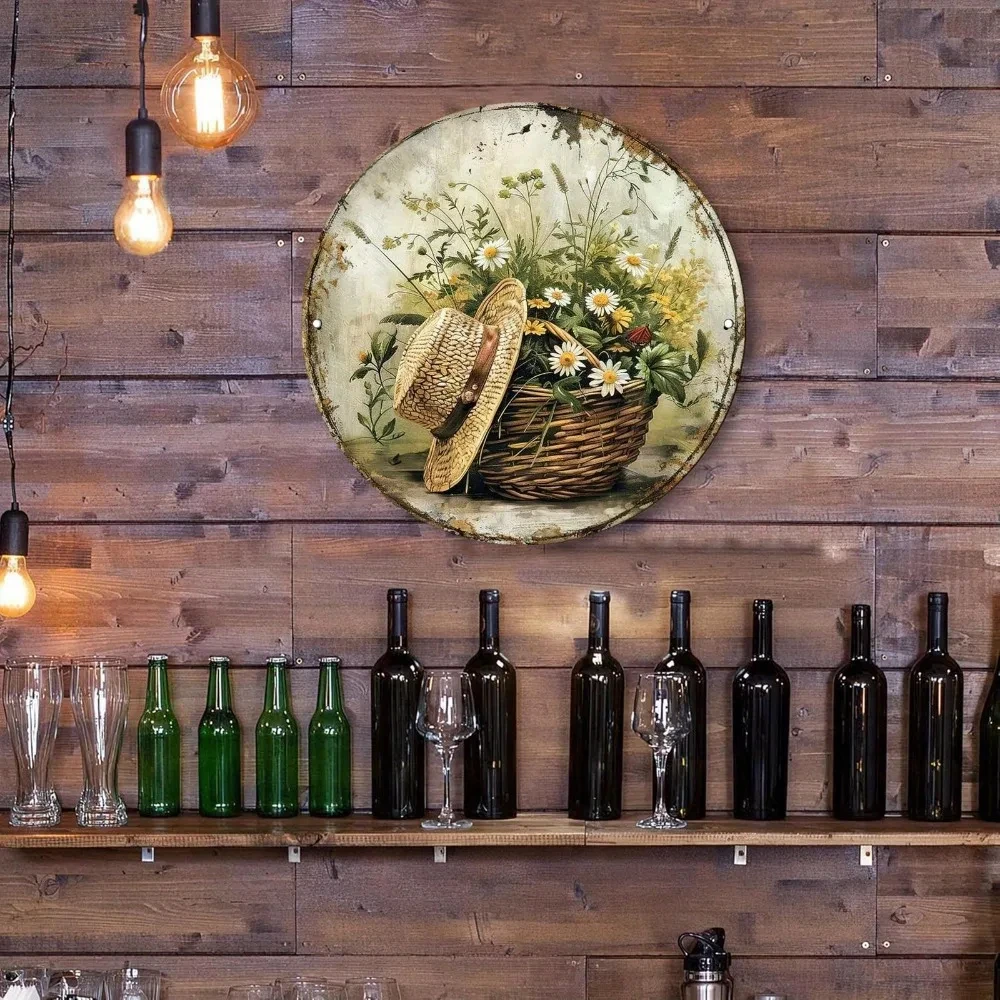 1 Piece 20X20Cm Round Aluminum Metal Tin Sign, Vintage Straw Hat Flower Basket Decorative Wall Art, Suitable for Home, Living Room, Cafe, Office