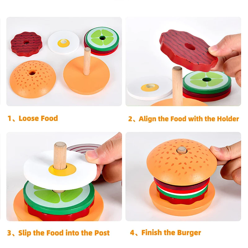Set di panini per hamburger domestici simulati in legno per bambini con giocattolo per assemblaggio alimentare con puzzle circolare impilabile abbinato a colonna