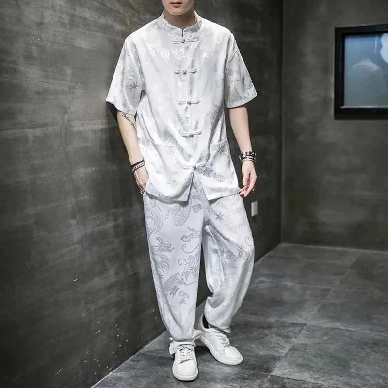خمر زر الذكور تانغ دعوى السنة الجديدة الملابس التقليدية الصينية الرائعة التنين هانفو مجموعة الشرقية الكونغ فو قميص السراويل 5XL
