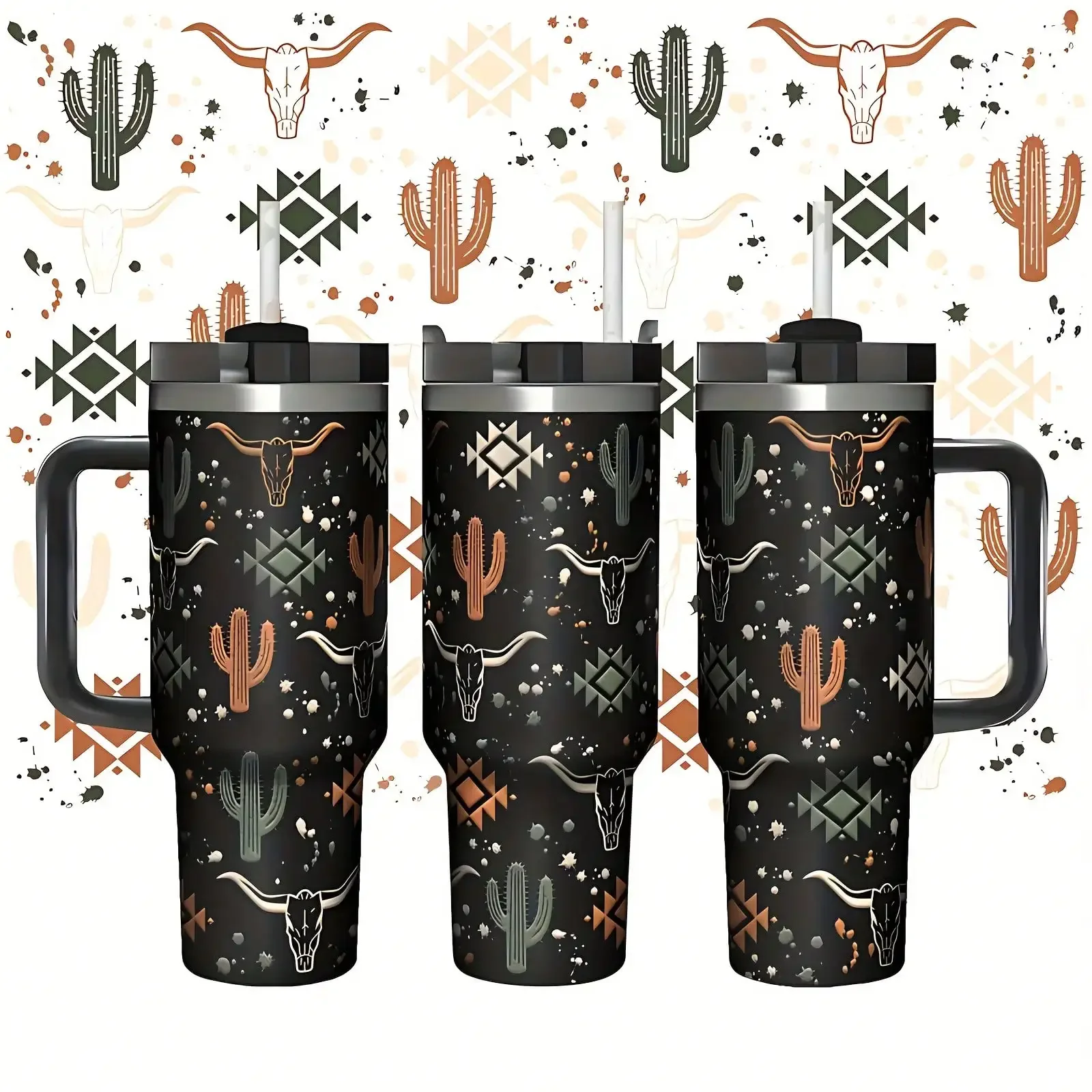 1pc, 40oz Western World Themed Water Bottle, Cowboy Mug, Desert Bull's Head, Cactus Mug, Gift Water Bottle, Double-Walled Stainless Steel Gift Mug, Outdoor Sports Water Bottle. A Perfect Holiday Gift With Lid And Straw, Camping Water Bottle.