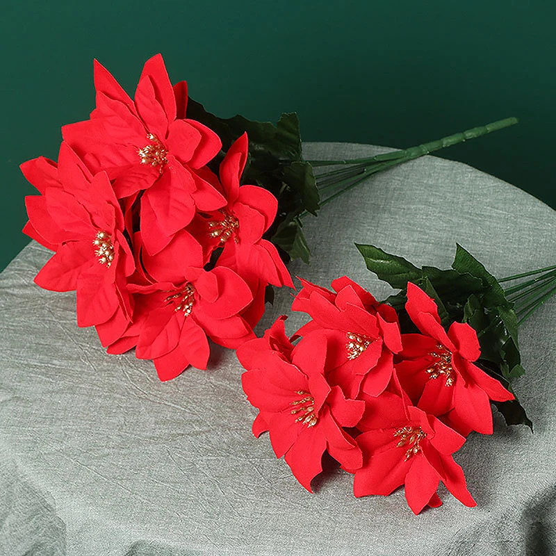 7Forks Red Christmas Flowers Bridal Bouquet Wedding Christmas Decoration Home Party Vase Decortion Fake Flowers Bouquet