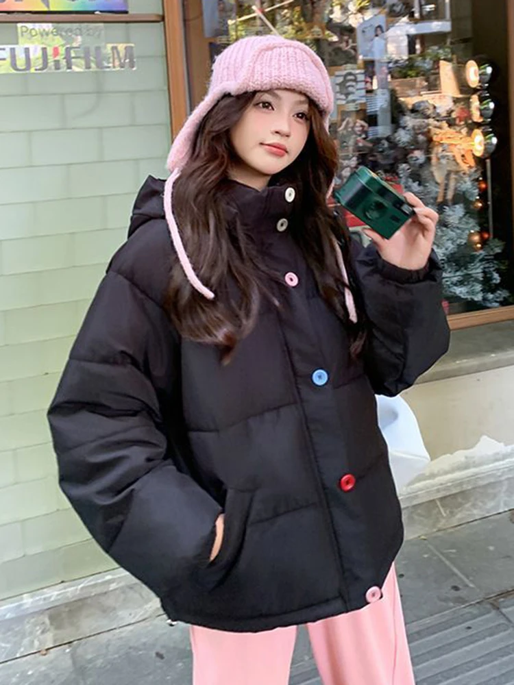 سترات شتوية نسائية أنيقة وردية فضفاضة بأكمام طويلة وأزرار ملونة معطف منتفخ حلو على الموضة الكورية سترة سميكة ودافئة على طراز بريبي #3