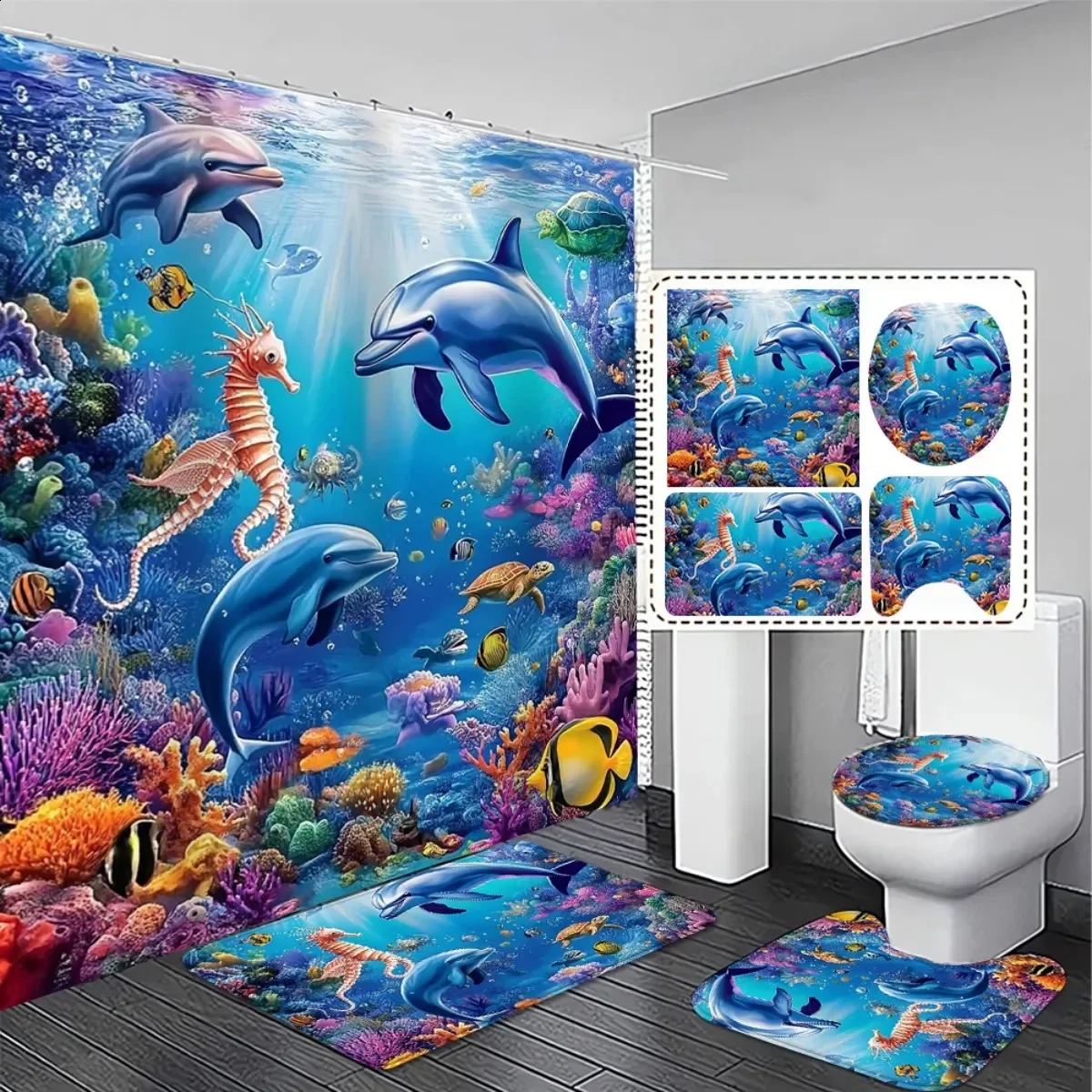 4 Pcs Dolphin Shower Curtain Set Waterproof Fabric Bath Curtain Ocean Seahorse Non-Slip Bath Mat Toilet Lid Cover Decor