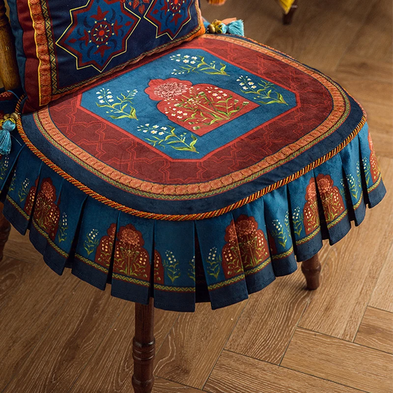 American Retro Dahlia Plush Dining Chair Cushion, 50x50cm Custom Royal Blue Seat Cushion with Core, Home Decoration