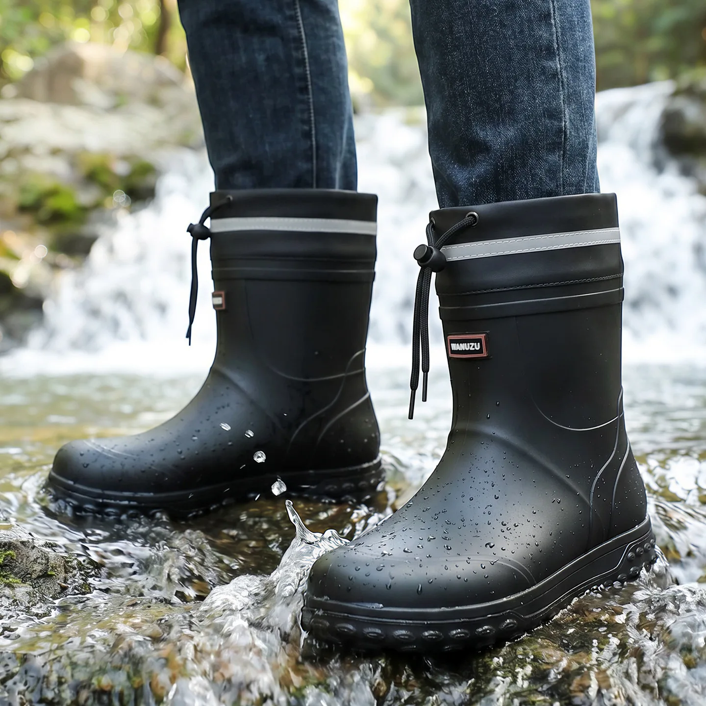 Men's Fashion Rain Boots High Quality Anti-Slip Waterproof Shoes Thick Bottom Wear-Resistant Outdoor Drawstring Work Rubber Shoe