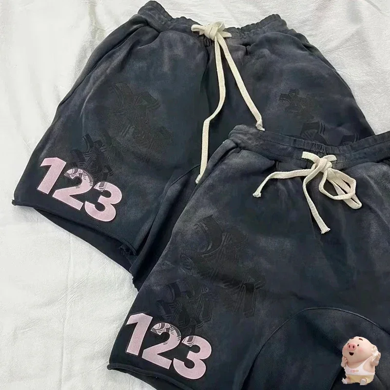 

Vintage Sanskrit Printing Vintage Breeches Men Women Jogger Drawstring Best Quality Cotton Spliced RRR123 Shorts With Tag