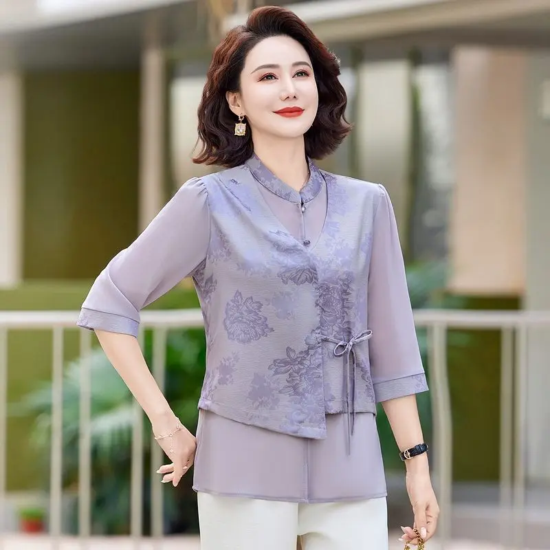 

Elegant New Chinese Style Top Summer Fake Two-Piece Retro Style