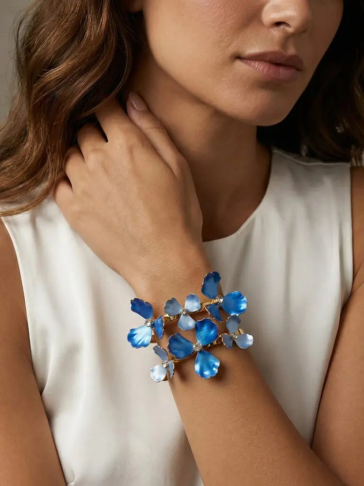 

Blue CZ Stone Flower Bracelet, Stainless Steel Double Layer Open Bangle, Women's Fashion Statement Crystal Jewelry