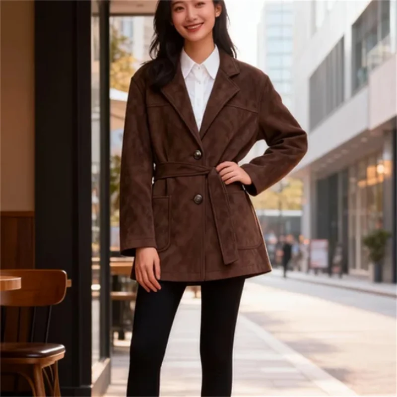 سترة نسائية كاجوال من جلد الغزال عالية الشارع مع حزام - مجموعة جديدة لخريف وشتاء 2025 #1