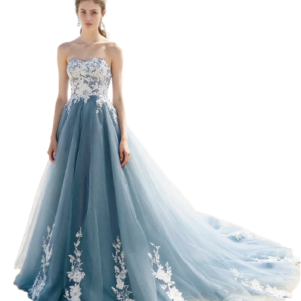 Elegant Boho Dusty Blue Beach Wedding Dress With White Lace Civil A Line Tulle Gothic Bride Dress 2026 Destination Bohemian Boda