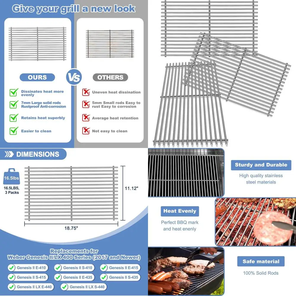 

Weber Genesis II E-410/E-435/S-435/SE-410 & KitchenAid 720-0856V 740-0781 Grill Grates, 18.75 x 11.12 Cooking Grid