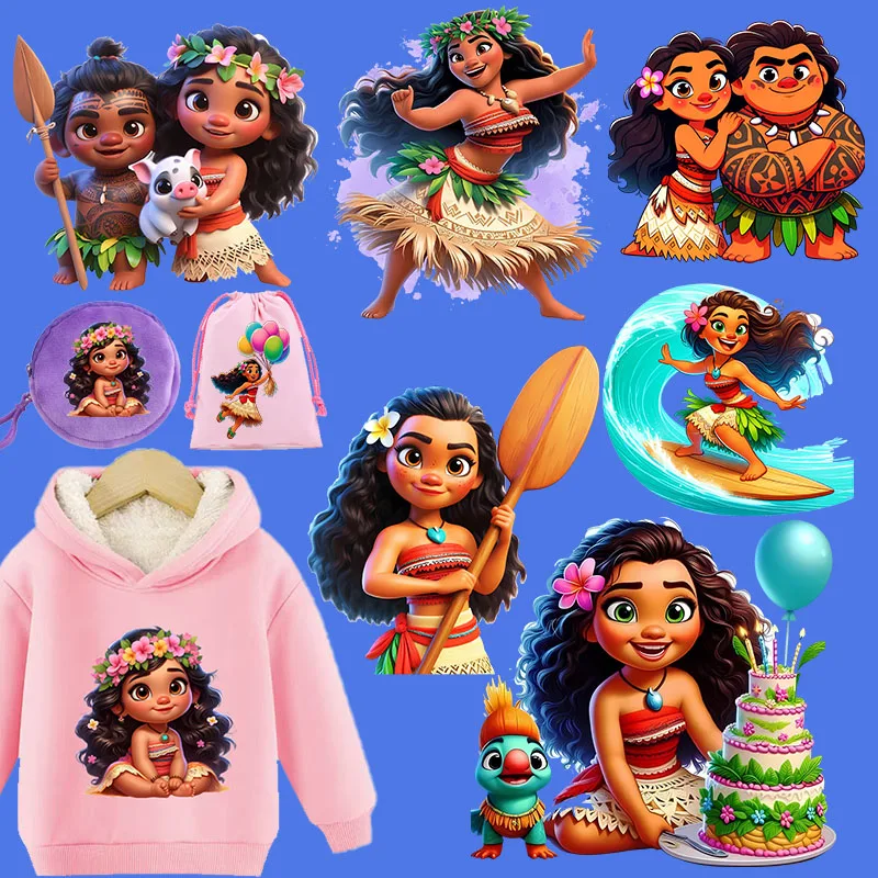 Moana Heat Transfer Sticker Anime Movie Merch Maui Pua Kids Tshirt Pants DIY Decoration Bags Iron on Patches Birthday Xmas Gift