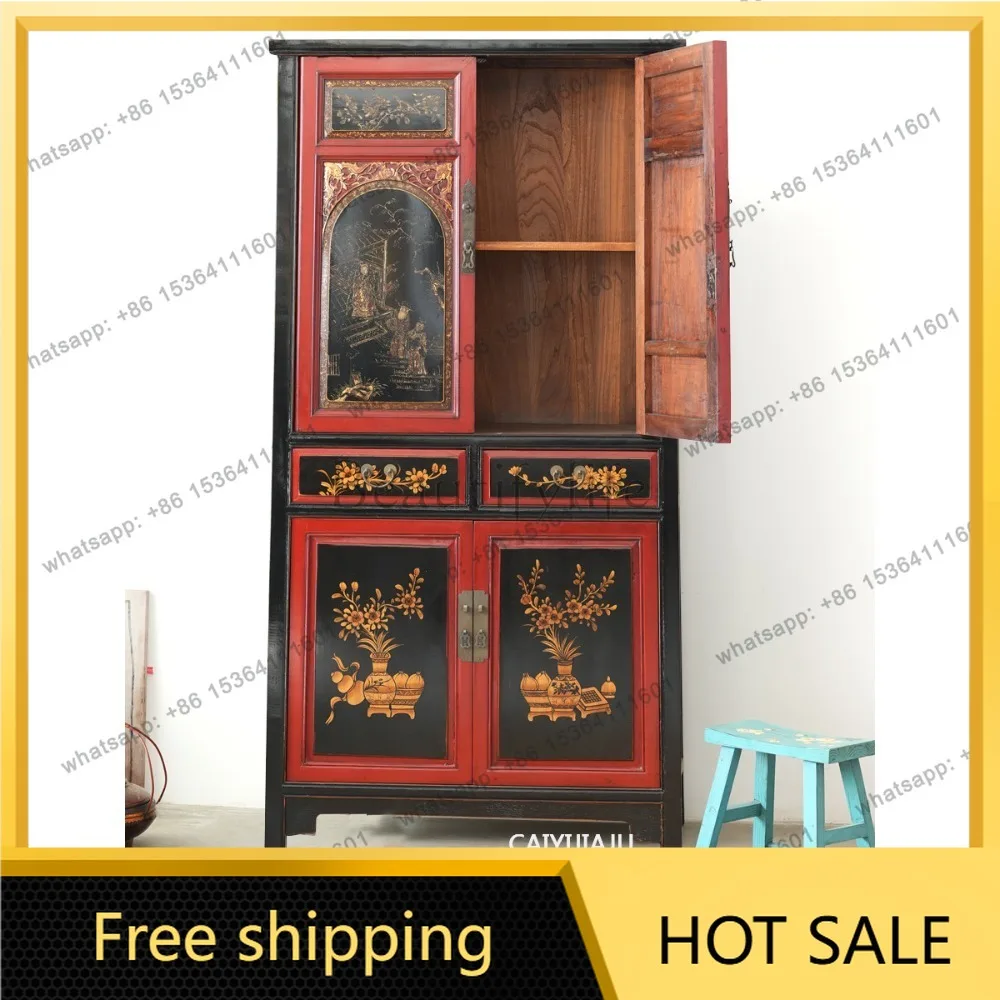 LD Chinese classical solid wood furniture antique hand-painted red and black gold-painted decorative cabinet