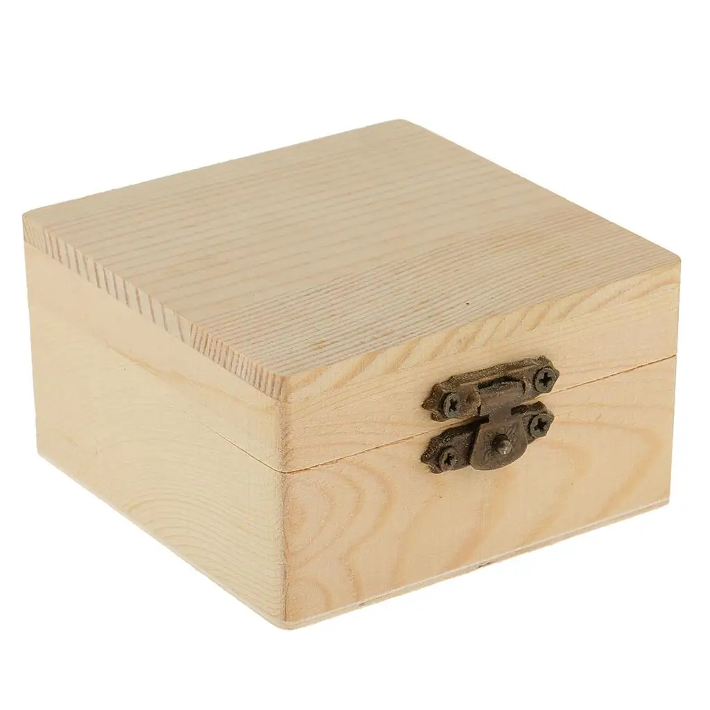 10X Square Shape Unfinished Wooden Box Jewelry Gift Box Case W/Lock DIY Craft