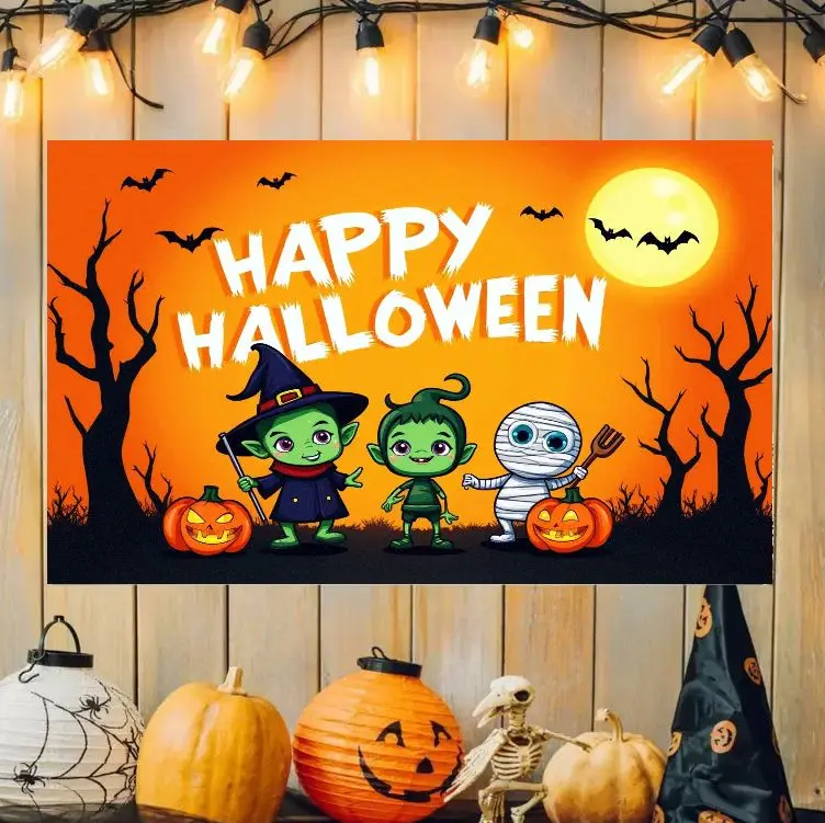 VIKAMA Happy Halloween Witch Bat Tapestry Orange Moon Haunted House Aesthetic Decor