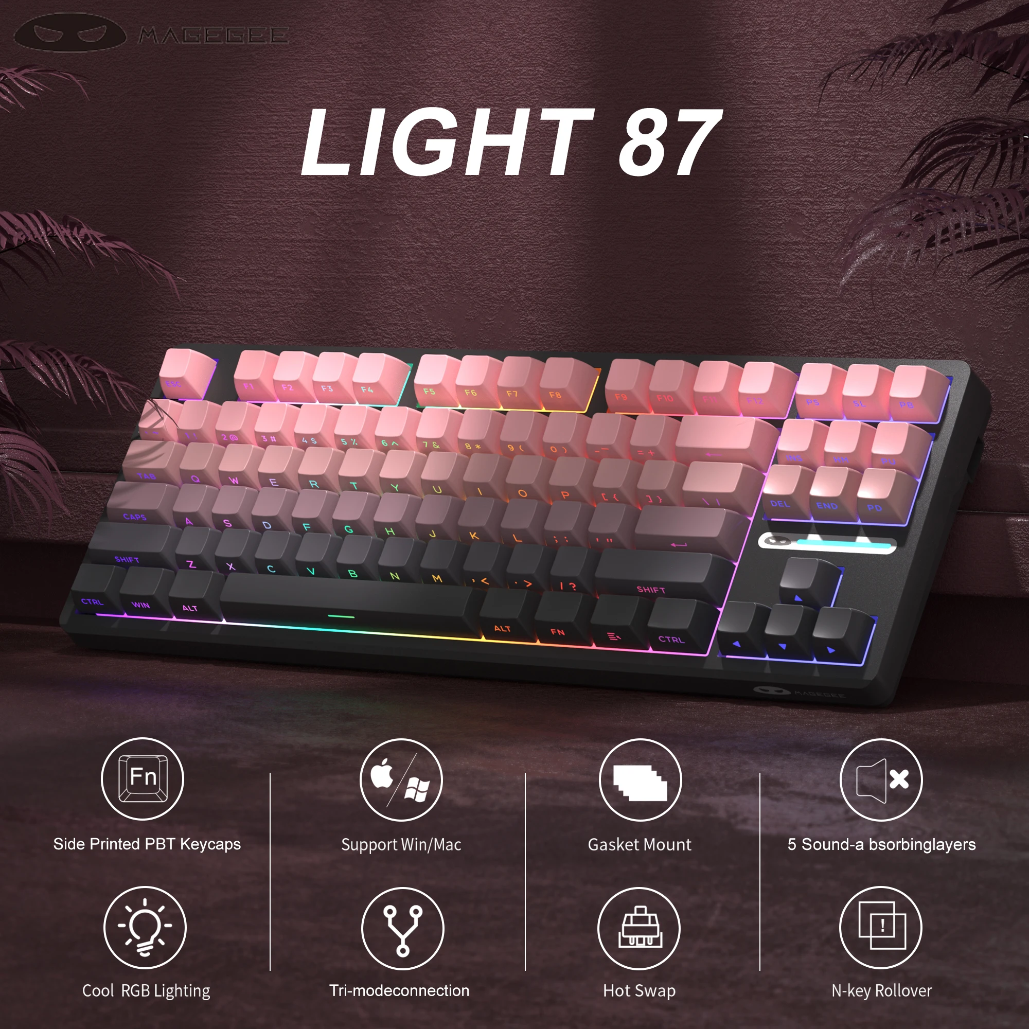 MageGee Light87 Wireless Mechanical Keyboard Side Printed PBT 2.4G/USB-C/BTHot-swappable 87Keys RGB Gaming Gasket Keyboard