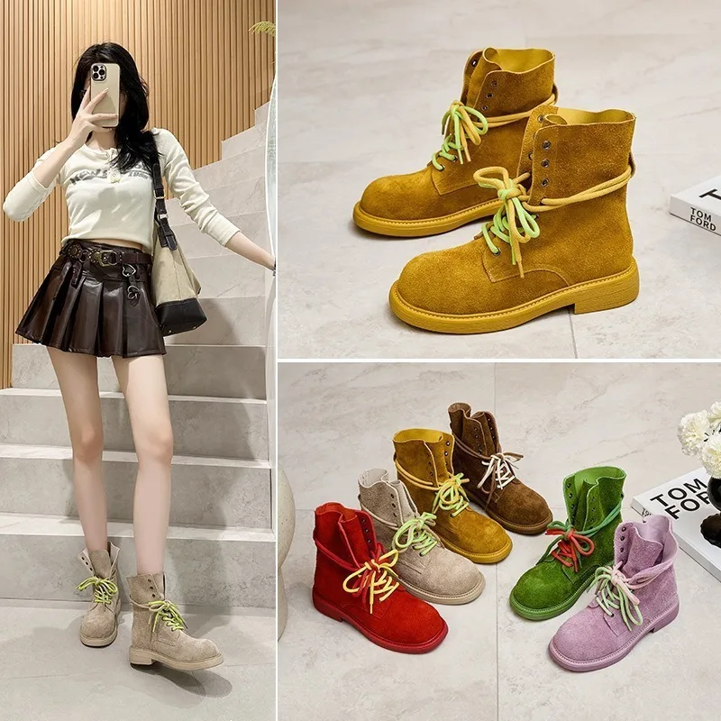 

First-layer Cowhide Women's 2025 European and American Style Summer New Green Spring Double Strap Locomotive Boots