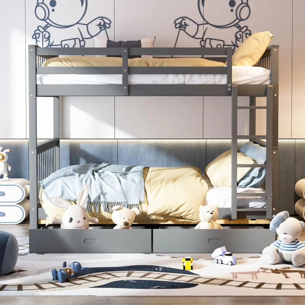 سرير خشبي بطابقين مع أدراج، سرير خشبي بطابقين قابل للتحويل مع سلالم ودرجين تخزين، إطار سرير من الخشب الصلب قابل للفصل #3