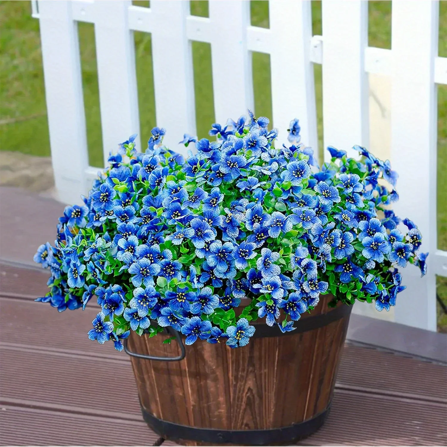 6 مجموعات من الأقحوان القماشية الزرقاء مع الأوكالبتوس، ديكور حديقة واقعي منخفض الصيانة للشرفات والباحات والباحات