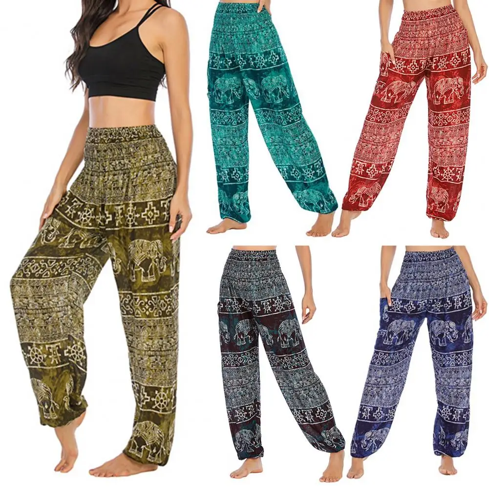 Women Harem Yoga Pants with Pockets Wide Elastic Waist Thai Elephant Print Wide-Leg Trousers Vacation Bohemian Pants Pantalones