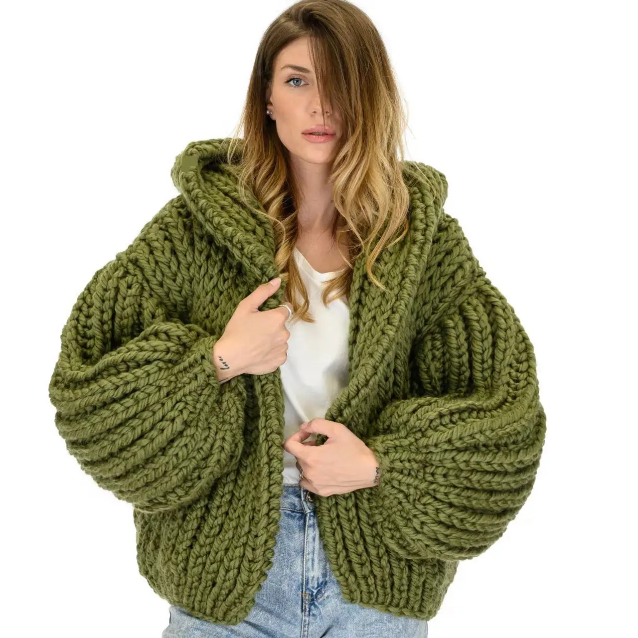 

Ladies Thiened Oversized Lazy Sle Knitted Cardigan Sweater with Hat Handmade Needlework Warm Cozy Faionable Long Sve