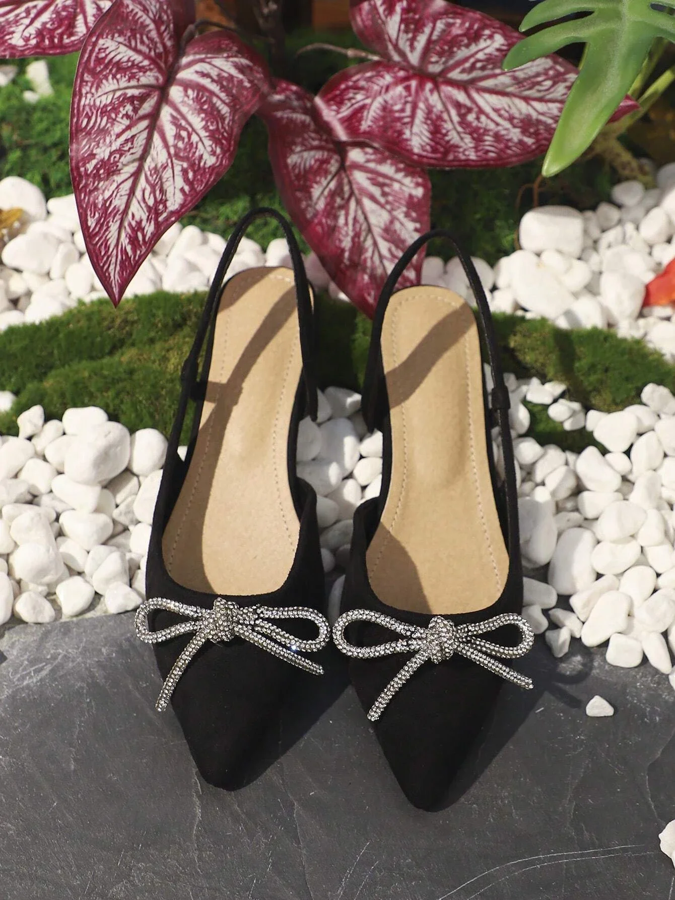 Glamorous Slingback Flats สําหรับผู้หญิง,Faux Suede Rhinestone & Bow Decor Flats ไม้เครื่องมือทํางานเลเซอร์แกะสลักช่องว่าง Exacto มีด