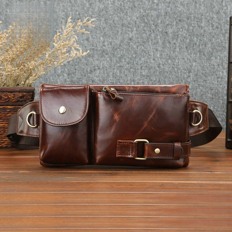 Korean-style men's waist bag - Multi-functional outdoor sports waist and chest bag - Outer layer cowhide retro men's bag