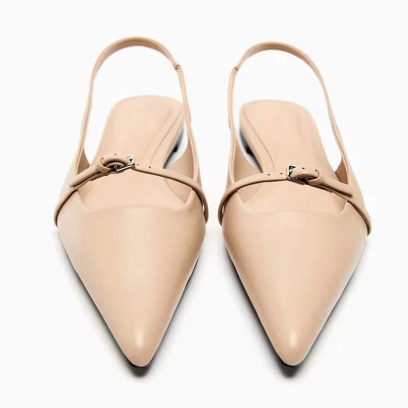 2025 Fashion Summer New Women's Flat Bottom Slingback Sandals Woman Leopard Pointed End Mules Leather Pu Low-heel Beach Shoes