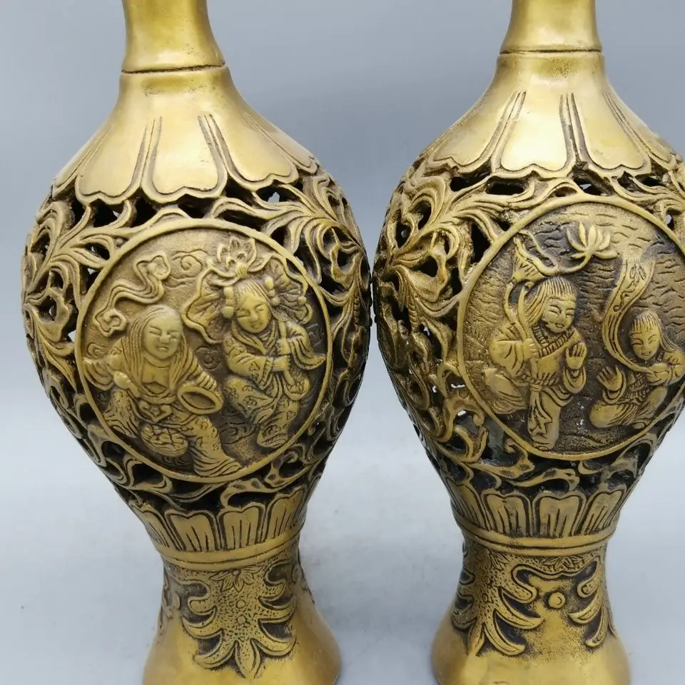 A pair of Copper God of Harmony hollow vase Statue Office Home Decor Gift for Desk Ornament