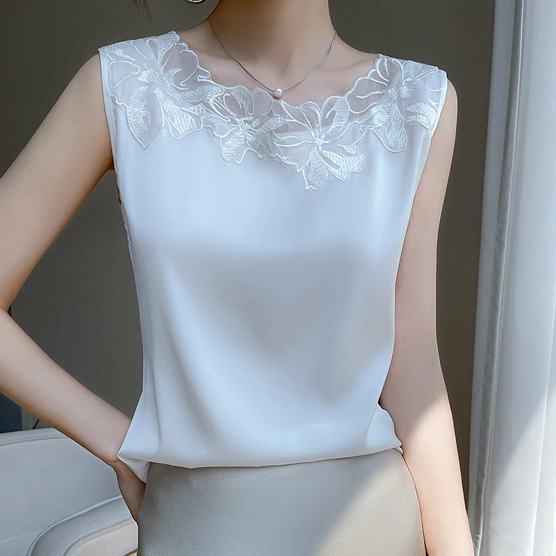 Women\'s Silk Camisole, Sleeveless Vest Top, Casual Wear, Satin Bottoming Shirt, New Lace, O-Neck, Large Size, Spring and Summer