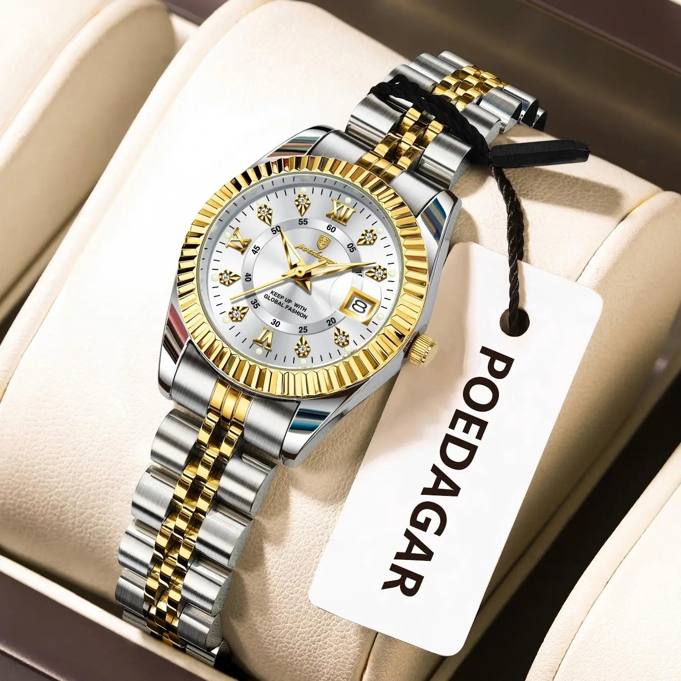 POEDAGAR ساعة نسائية أنيقة مقاومة للماء وتاريخ مضيء ساعة يد رائعة للسيدات من الفولاذ المقاوم للصدأ ساعات كوارتز للنساء