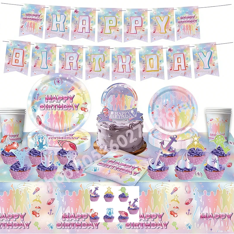 K&Katseye Geburtstagsdekoration Partyzubehör Kpop Geburtstags-Fans Deko Geschenk Teller Becher Servietten Tischdecke Ballon-Topper Babyparty