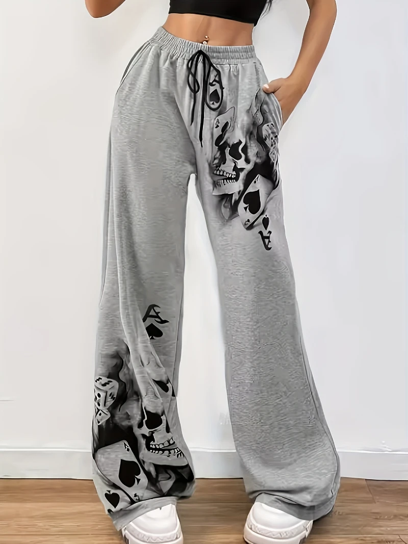 

Green Edgy Skull & Crossbones Print Jogger Pants - Relaxed Wide-Leg with Drawstring Waist, Machine Washable Casual Lounge Pants
