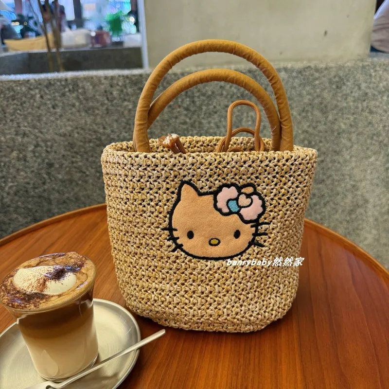 

Kawaii Hello Kitty Embroidery Woven Bag Handbag Shopping Bag Cartoon Cute Large-Capacity Student Shoulder Bag Girls Gift