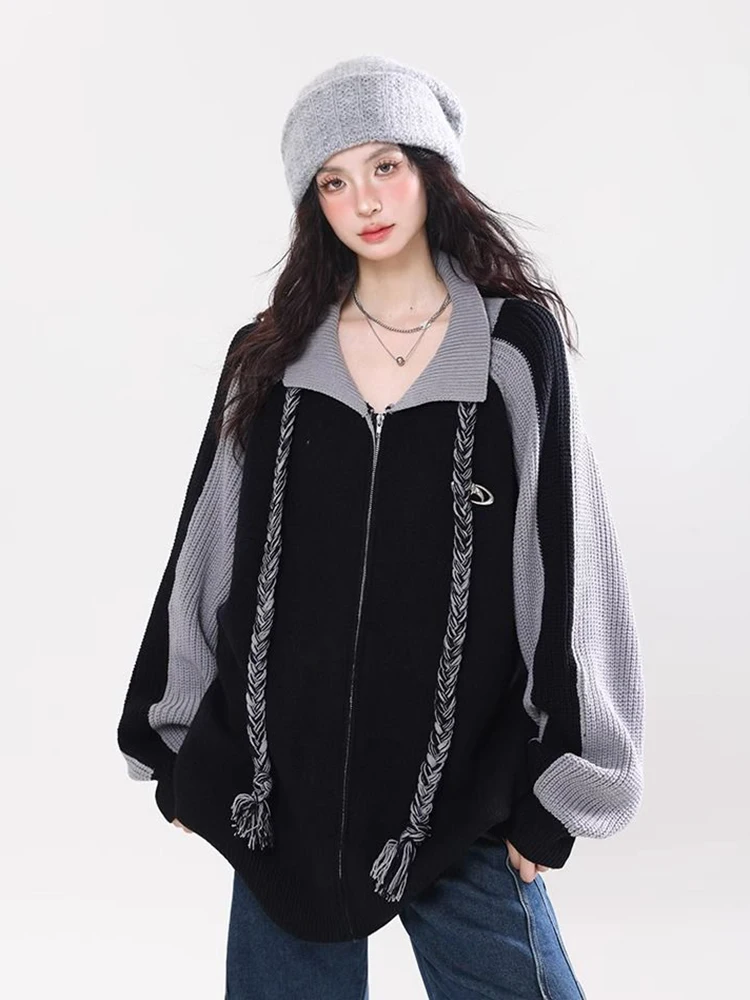 Jmprs Vrouwen Streetwear Y2K Vest Vintage Luie Wind Losse Lange Mouw Gebreide Truien Amerikaanse Harajuku Casual Patchwork Tops