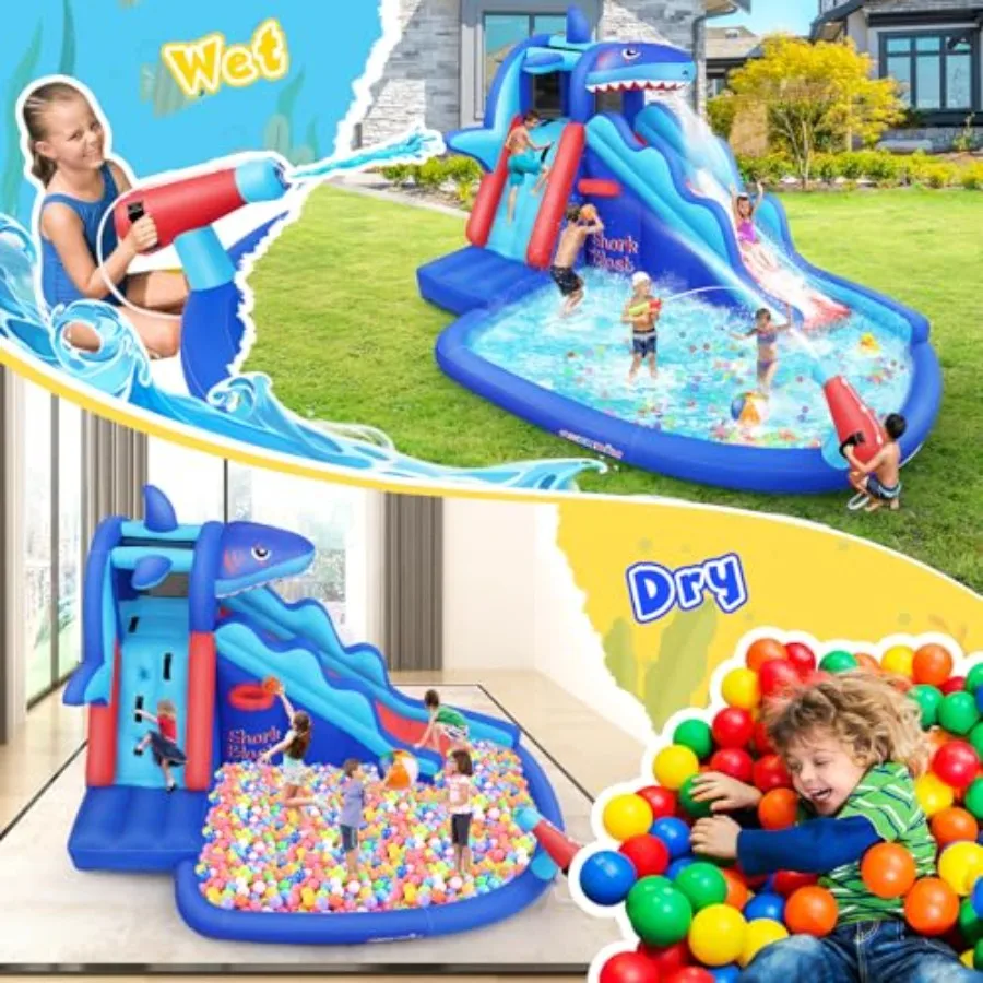Outdoor/Indoor inflatable water slide bounce house for kids 3-12 shark-themed blue and yellow with climbing wall long slide and view 2