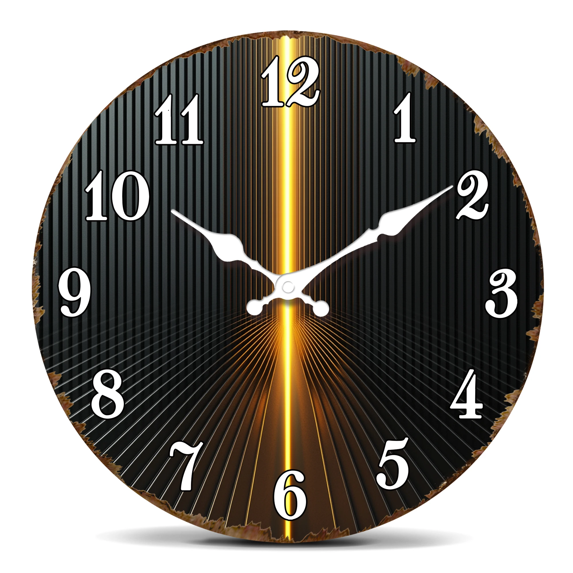 Reloj de pared moderno con rayas radiantes en negro y dorado, diseño elegante para decoración contemporánea del hogar