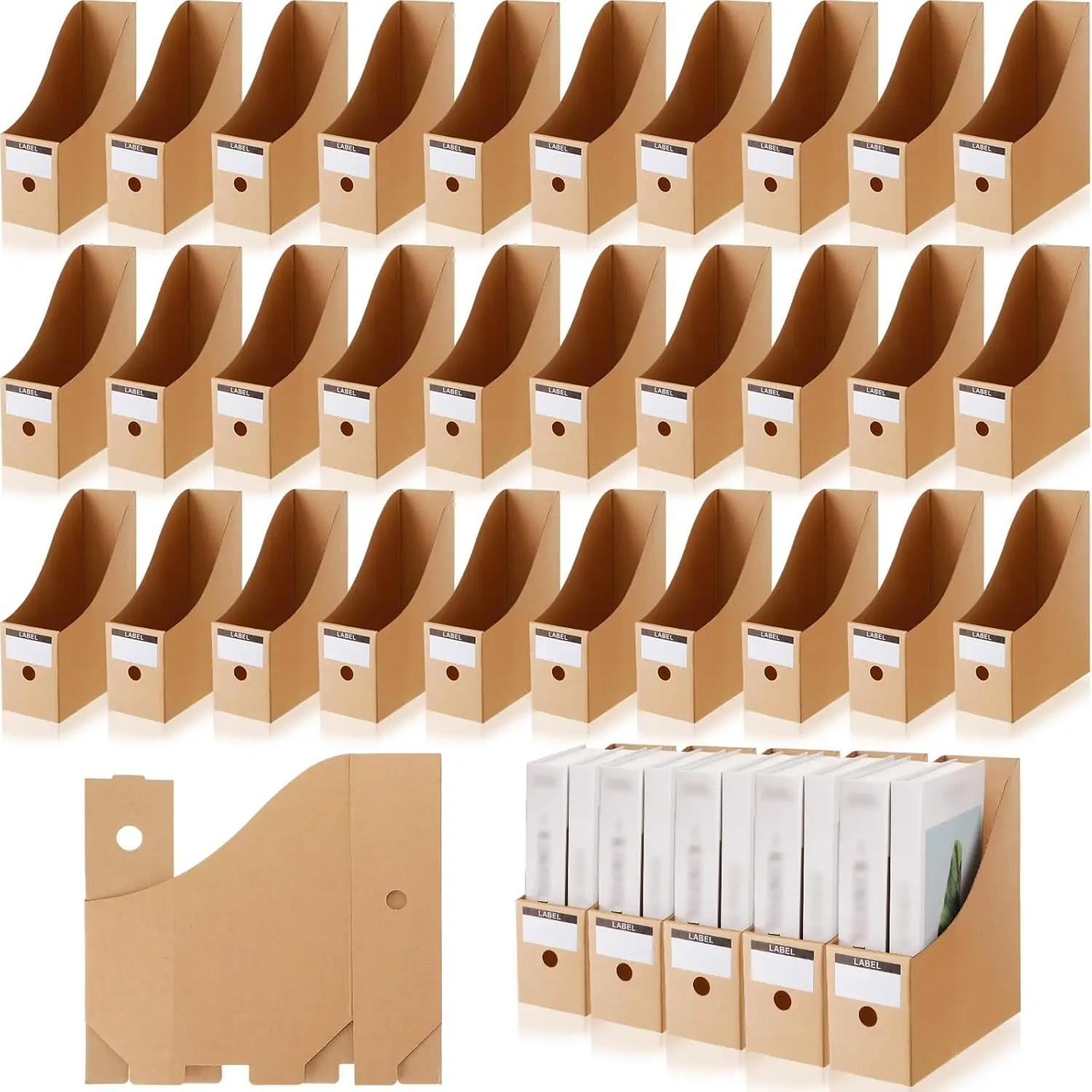

50 Pcs Brown Cardboard Magazine Holders with Labels for Document Storage in School Office Home