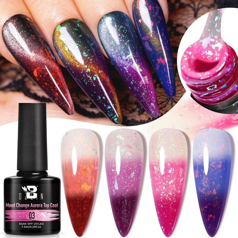 BOZLIN 7,5 ml Mood Change Aurora Top Coat Gel-Nagellack, 3 Farben, Temperatur, Farbwechsel, Glitzer, Soak Off UV-LED-Lacques