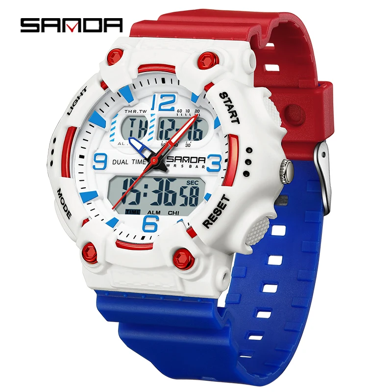 

SANDA SD6179 Многофункциональные спортивные часы на открытом воздухе с двойным дисплеем, силиконовый ремешок, водонепроницаемые часы с ночником для мальчиков и девочек